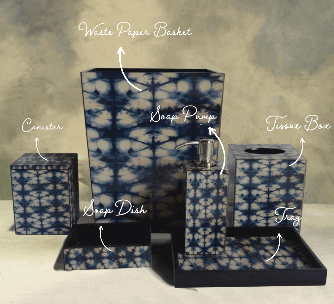 Bath Accessories Set In Blue Dye Design