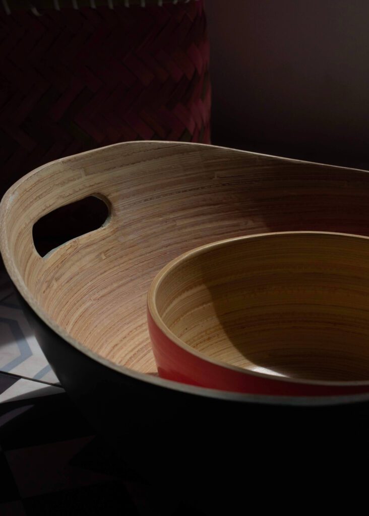 Two spun bamboo and lacquer bowls 