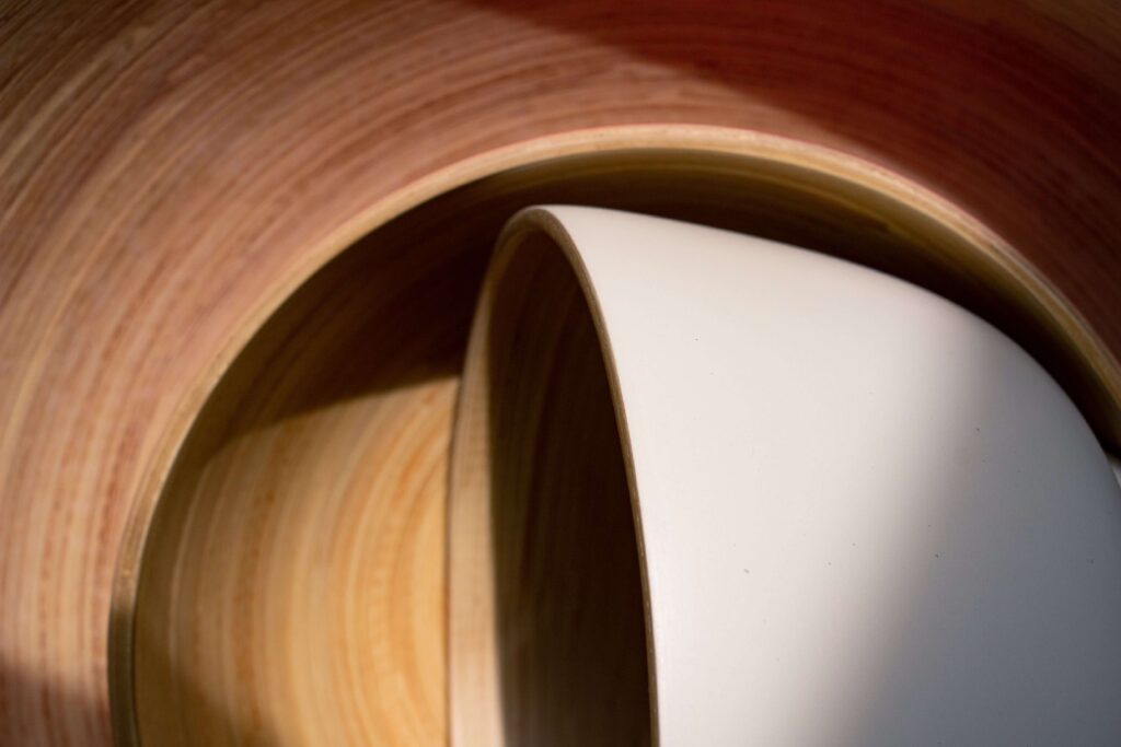 white lacquer bowl with spun bamboo